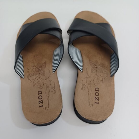 IZOD Sandals Black Tan Alyssa Criss Cross Slip On Open Toe Flats Womens 6 M - Picture 5 of 15